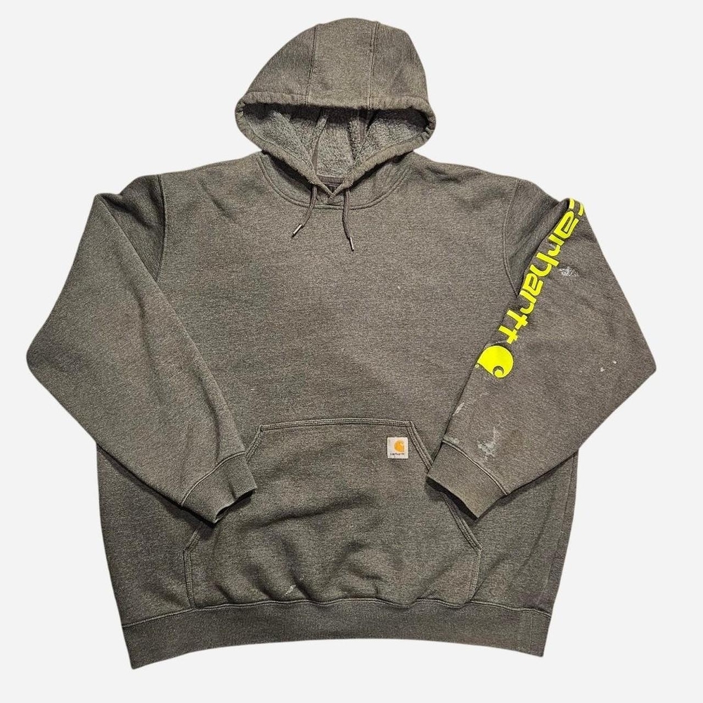 Carhartt Gray Hoodie With Lime Green Arm Logo